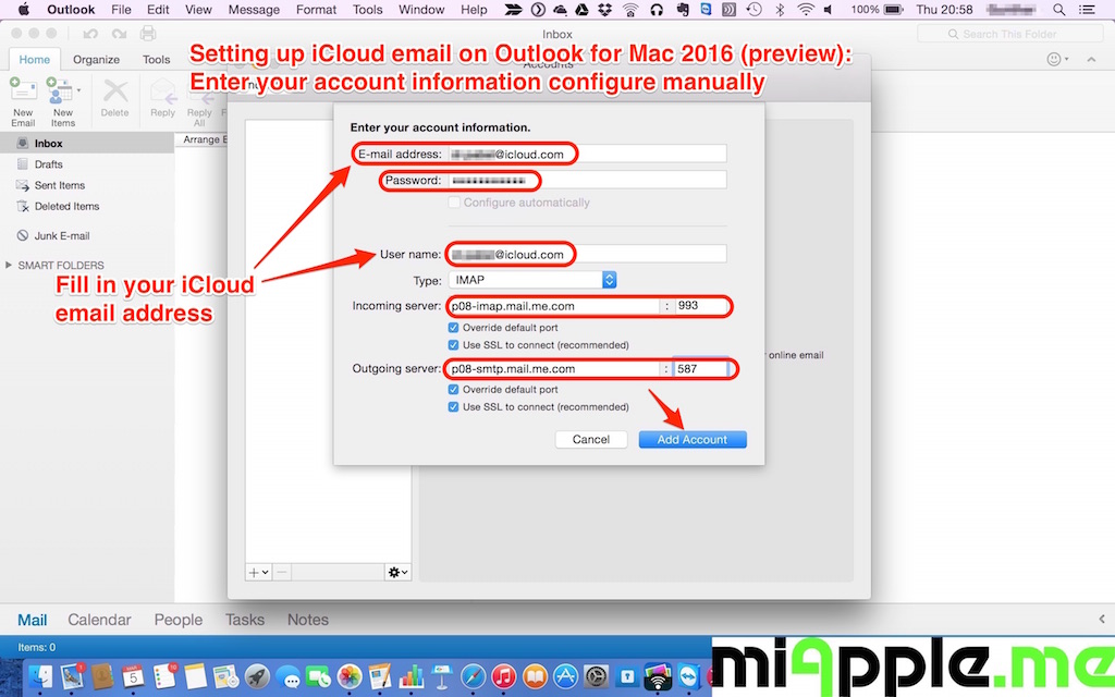 add icloud account in outlook 2016 for mac